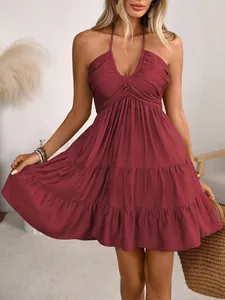 Halter V-neck tiered ruffle dress in burgundy red for summer vacation style