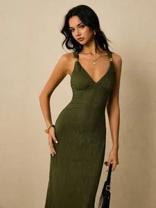 Elegant olive green pleated bodycon midi dress with gold bead strap accents for women
