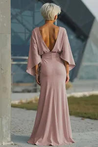 Back view of elegant backless mauve dress with deep V-cut and flutter sleeves