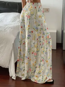 Pantalon large à fleurs taille haute élégant, style d'été fluide et décontracté