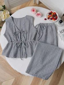 Sweet summer black and white striped two-piece set featuring tie-up vest and loose pants