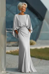Elegant silver ruched maxi dress with batwing sleeves and pockets, flattering silhouette