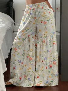 Pantalon large à fleurs pour femme avec taille haute et design plissé fluide d'été