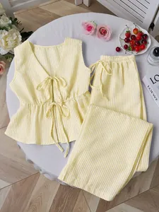 Summer yellow striped two-piece loungewear set with tie-front vest and loose pants