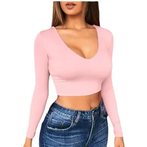 Sexy pink solid color V-neck crop top long sleeve slim fit T-shirt for stylish women