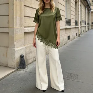 French style olive green satin short-sleeved top with lace trim and white wide-leg trousers