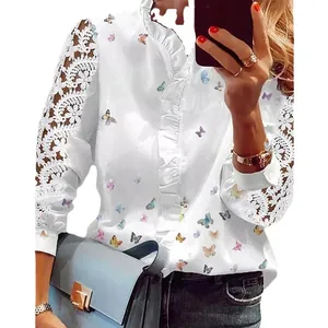 Elegant white long-sleeve ruffle collar shirt with lace sleeves and butterfly print
