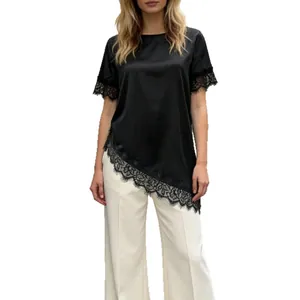 Elegant black satin T-shirt with lace patchwork and asymmetric hem detail