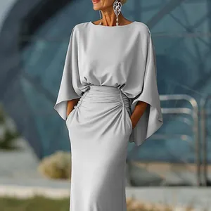 Elegant grey maxi dress with batwing sleeves and ruched waist detail with pockets