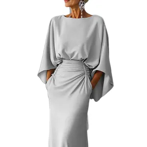 Elegant silver-grey pleated maxi dress with cape sleeves and side pockets for women
