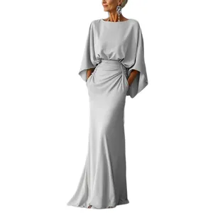 Elegant grey boat-neck maxi dress with ruched waist, batwing sleeves and side pockets
