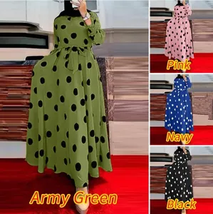 Detailed view showing various colors of elegant long-sleeved polka dot maxi dresses.