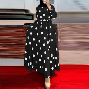 Women's Ethnic Polka Dot Long Sleeve Maxi Dress Loose Casual Printed Dress With Waist Tie Fashion Long Swing Dress