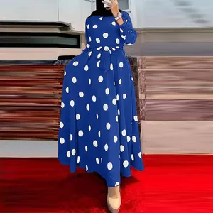 Elegant royal blue polka dot long sleeve maxi dress with waist tie detail for women
