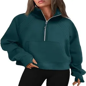Detail of women's teal half-zip sweatshirt with stand collar and thumbhole cuffs.