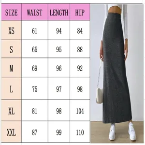Size chart for high waisted side slit knitted maxi skirt with detailed measurements.