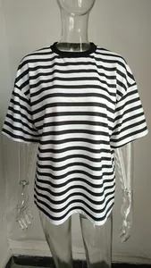 Detail view of a casual black and white striped crew neck short sleeve T-shirt for women