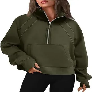 Detail of women's half-zip stand collar olive green sweatshirt with kangaroo pocket
