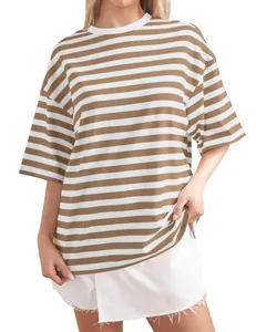Detailed view of the brown and white striped oversized T-shirt with round neck.