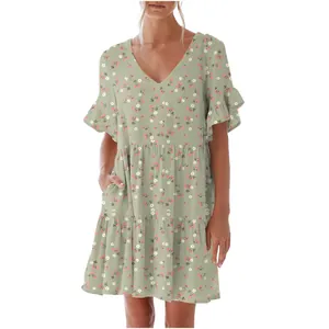 Women's sage green V-neck floral dress with ruffle sleeves and pockets in loose fit design