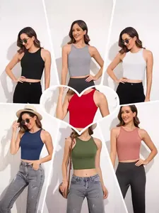 Débardeur Femme Sexy Coupe Slim Tricot Côtelé Col Rond Sans Manches Crop Top Rembourré Couleur Unie Été