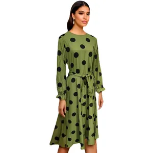 Elegant green polka dot midi dress with long sleeves and waist tie for women