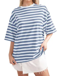 Close-up of blue and white striped oversized T-shirt with round neck and half sleeves