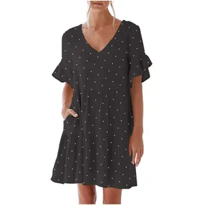 Women's V-neck black polka dot dress with ruffle sleeves and pockets for summer wear
