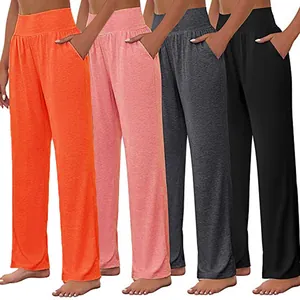 Women's High Waist Wide Leg Yoga Pants Loose Workout Sports Pants With Pockets Casual Breathable Cotton Spandex Bottom