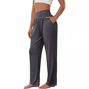 High waist wide leg yoga pants for women with pockets and loose fit grey color