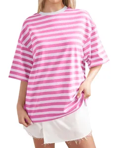 Comfortable pink and white striped round neck T-shirt with relaxed fit and half sleeves