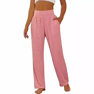High waisted wide leg yoga pants in pink with side pockets for women's casual wear
