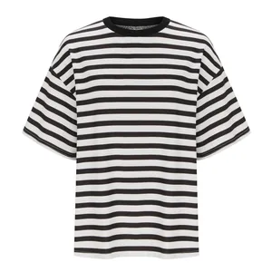 Front detail view of a casual black and white horizontal striped round neck T-shirt