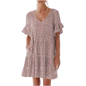 Detail of V-neck floral mini dress with ruffle sleeves and pockets for women