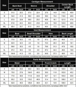 Detailed size chart for women's 3-piece cardigan, vest, and pants set in cm and inches