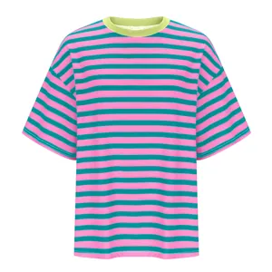 Detail of pink and teal striped short-sleeve T-shirt with contrast lime collar