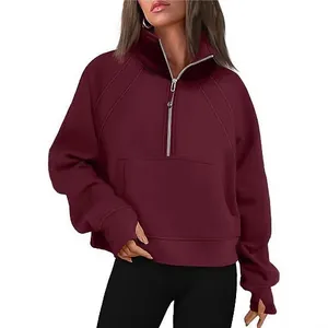 Premium burgundy women's long sleeve half-zip stand collar sweatshirt with thumbholes
