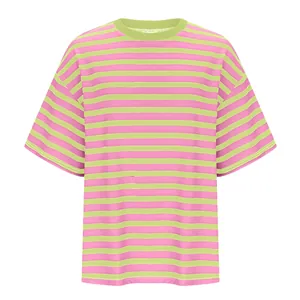 Casual oversized T-shirt with pink and lime green horizontal stripes and round neck