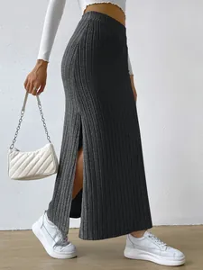 Women's chic high waist slim fit ribbed knit maxi skirt with stylish side slit detail
