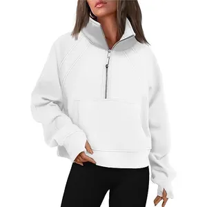 Elegant white women's half-zip sweatshirt featuring a stand collar and cozy kangaroo pocket