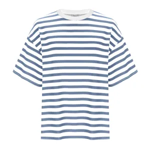Blue and white horizontal striped crew neck oversized T-shirt with drop shoulders.