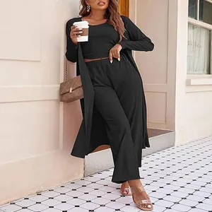 Elegante conjunto de punto negro de 3 piezas con cárdigan largo y pantalón ancho