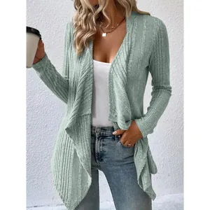 Casual mint green long sleeve ribbed knit open front cardigan sweater for women.
