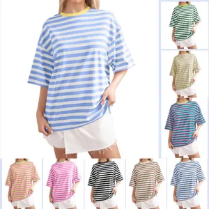 Women's Casual Striped Printed Cotton T-Shirt Loose Fit Round Neck Half Sleeve Summer Home Loungewear Graphic Top