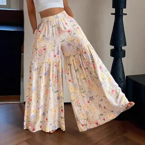 Pantalon Floral à Taille Haute et Jambes Larges pour Femmes Fluide Élégant Ample Mince Décontracté d'Été Avec Taille Élastique Pantalon de Plage Boho