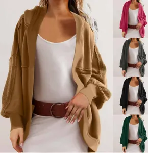 Detailed view of women's loose hooded cardigan in multiple colors for fall winter