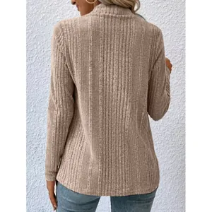 Back view of a stylish casual women's ribbed knit cardigan in solid beige color tone
