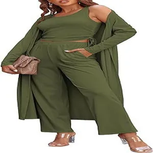 Elegante conjunto de 3 piezas verde oliva con cárdigan largo, top y pantalón ancho