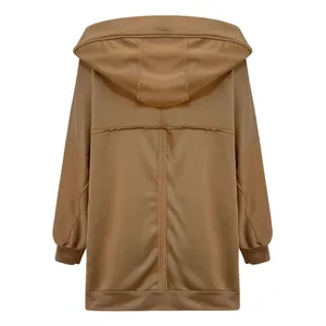 Detailed back view of oversized camel hooded jacket with unique decorative stitching