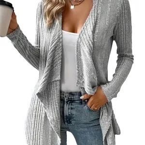 Elegant grey ribbed knit open front cardigan with long sleeves for casual autumn women's wear